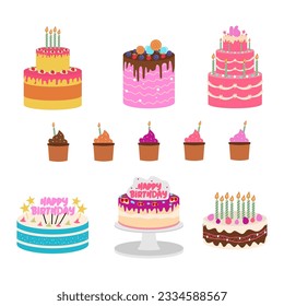 Nine birthday cake set colorful objects in flat elements style isolated on white background.