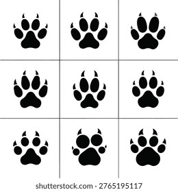 Nine black bear paw prints isolated