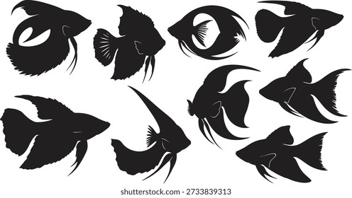 Nine black betta fish silhouettes on a white background, showcasing different swimming poses and tail fins