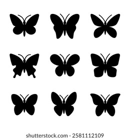 Nine Black Butterfly Silhouettes on White Background