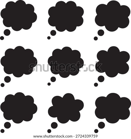 Nine black cartoon thought bubbles on a white background, varying in size and shape, with smaller bubbles trailing off.