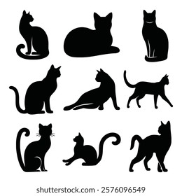 Nine Black Cat Silhouettes on White Background- A collection of nine stylized black cat silhouettes, showcasing various poses (sitting, lying down, walking).