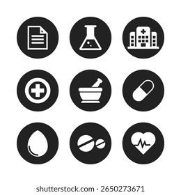 Nueve círculos negros dispuestos en una cuadrícula, cada uno con un icono médico blanco: documento, frasco, hospital, cruz, mortero, cápsula, gotita, píldoras, latidos del corazón, diseño minimalista.