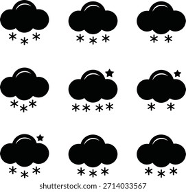 Nine black cloud icons illustrating snow, sleet, and starry night weather symbols.