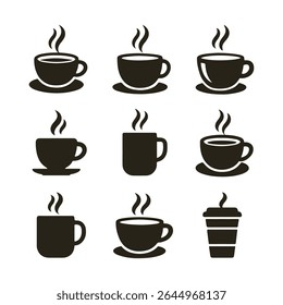 Nine Black Coffee Cup Icons Steaming Hot Beverage Set Silhouette Illustrations vector