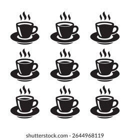 Nine Black Coffee Cups Steam Icon Set Simple Design vector