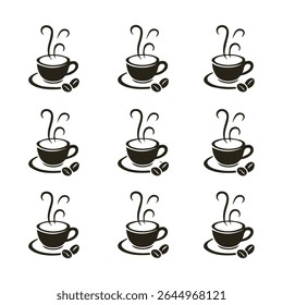 Nine Black Coffee Cups Steam Rising Coffee Beans White Background Simple Design vector