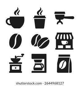 Nine Black Coffee Icons Set Steaming Mug Coffee Beans Grinder Cafe Shop vector