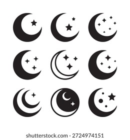 Nove lua crescente negra e ilustrações de estrelas dispostas em um padrão de grade