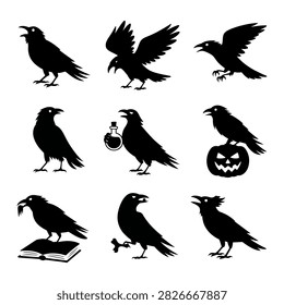 Nine black crow silhouettes holding or interacting with jackolantern book bottle and skeleton prop