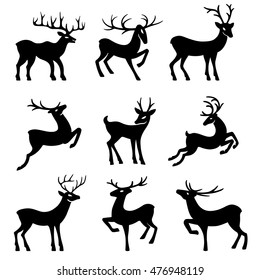 Nine black deer set silhouettes isolated on white background, design for Xmas cards, banners and flyers, vector illustration isolated on white background