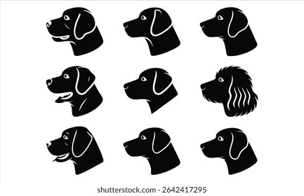 Nove silhuetas de cabeça de cachorro preto em poses diferentes