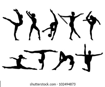 nine black figures of gymnasts on a white background