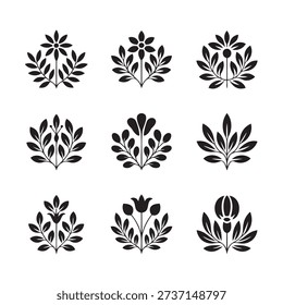 Nine black floral patterns with symmetrical leaves and flowers arranged in three rows
