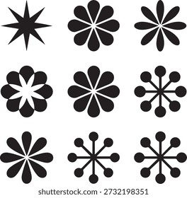Nine black geometric floral patterns arranged in a 3x3 grid shapes