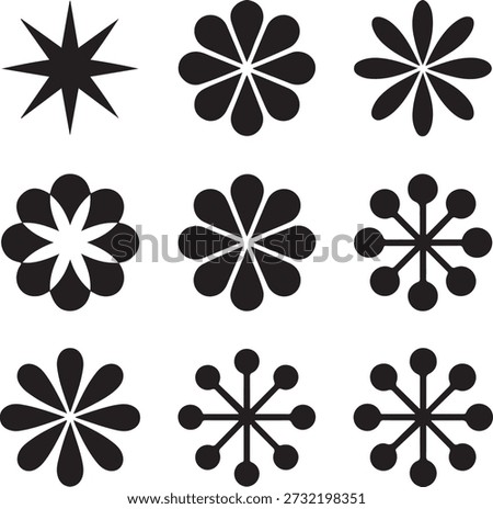 Nine black geometric floral patterns arranged in a 3x3 grid shapes