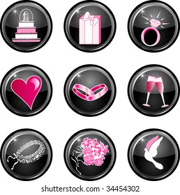 Nine black glossy wedding web icons with hot pink.