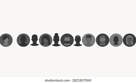 Nine black and gray chess pawns arranged in a straight line