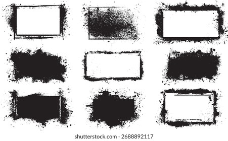 Nueve marcos negros del grunge con los bordes ásperos y las texturas salpicadas de la tinta en un fondo blanco