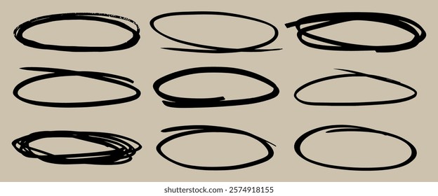 Nine black hand-drawn circles and ovals on a beige background. Each circle and oval is unique, showcasing a variety of hand-drawn styles and shapes. Hand drawn doodle frames, vector set.