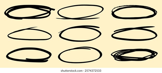 Nine black hand-drawn scribbles, each unique in shape and style, on a light background. Scribbles vary in thickness and form, showcasing artistic expression. Hand drawn doodle frames, vector set.