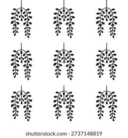 Nine black hanging leafy branches with symmetrical patterns on white background leaves
