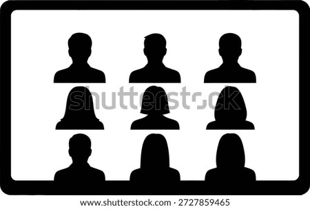 Nine black human silhouettes are displayed in a grid on a tablet screen. The silhouettes are arranged in three rows of three, with alternating male and female shapes.