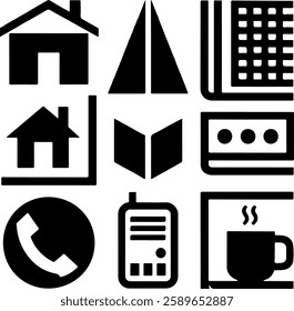 Nine black icons vector in a grid, including houses, a triangle, book, phone, and coffee, in a bold, graphic style.