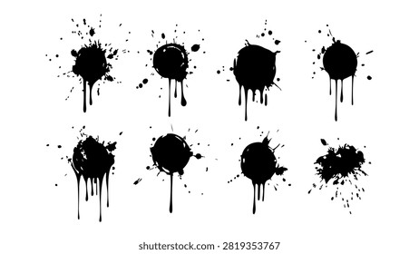 Nine black ink blots with various shapes and dripping effects, ideal for creative projects, art, and design inspiration.
