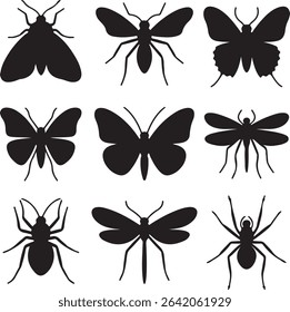 Nine black insect silhouettes against a white background. The collection includes moths, butterflies, spiders, and dragonflies. Simple, solid black shapes.