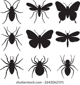 Nine black insect silhouettes against a white background including spiders butterflies and moths simple vector illustrations