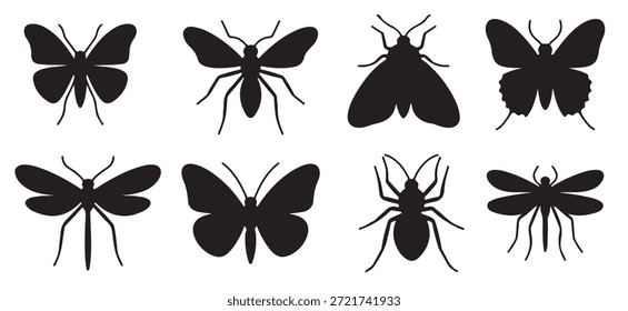 Nueve siluetas de insectos negros polilla mariposa araña