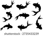 Nine black koi fish silhouettes in different orientations on a white background