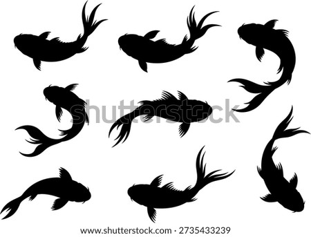 Nine black koi fish silhouettes in different orientations on a white background