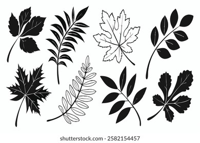Nine Black Leaf Silhouettes Unique Shapes Arranged on White Background.