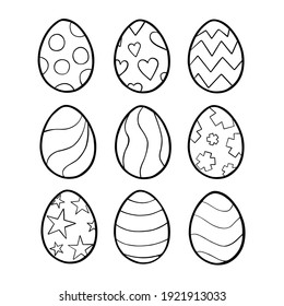 Nine Black Line Easter Egg With Various Patterns On White Silhouette. Hand Drawn Cartoon Style. Doodle For Coloring, Decoration Or Any Design. Vector Illustration Of Kid And Holiday.