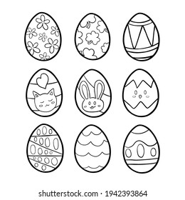 Nine black line Easter Egg with various patterns on white silhouette. Hand drawn cartoon style. Doodle for coloring, decoration or any design. Vector illustration of kid and holiday.