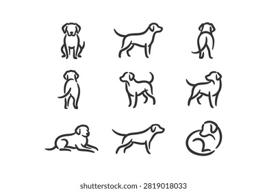 Nine black outline illustrations of a generic dog breed in various poses such as sitting, standing, and lying down, presented on a white background