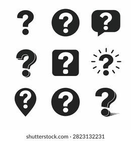 Nine black question marks scattered randomly on a white background