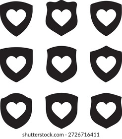 Nueve Formas de escudo negro con corazones blancos centrales, que simbolizan la protección del amor y las relaciones.
