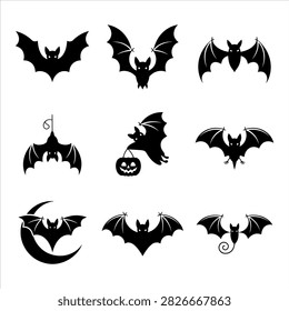 Nine black silhouette bats in different poses holding jackolantern and moon shapes