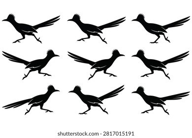 Nine black silhouette birds captured midstride and in flight against transparent background