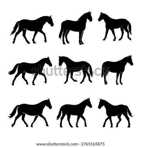 Nine black silhouette horses a pattern of equine grace and movement