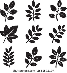Nine black silhouette leaf and branch designs on a white background. Simple illustrations of various leaf shapes and branch arrangements. Minimalist style.