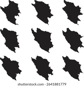 Nine Black Silhouette Maps of Regional Geographic Areas