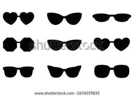 Nine Black Silhouettes of Assorted Sunglasses eyewear