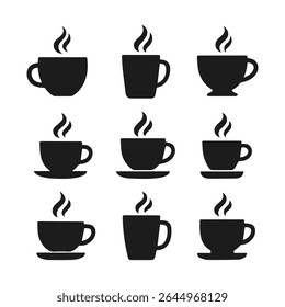 Nine Black Silhouettes of Coffee Cups and Mugs Steaming Hot Beverage vector