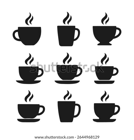 Nine Black Silhouettes of Coffee Cups and Mugs Steaming Hot Beverage vector