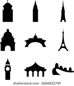 Nine black silhouettes depict famous global landmarks towers, bridges, and significant buildings. Simple, iconic representations of architectures.