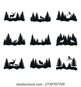 Nine black silhouettes of forest scenes with various animals on a white background.